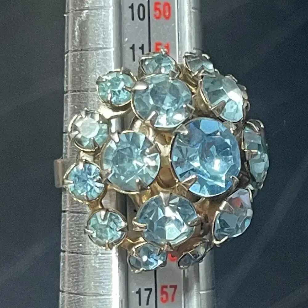 Vtg Light Blue Rhinestone Cluster Statement Cocktail Ring Sz 7 Adjustable Glows